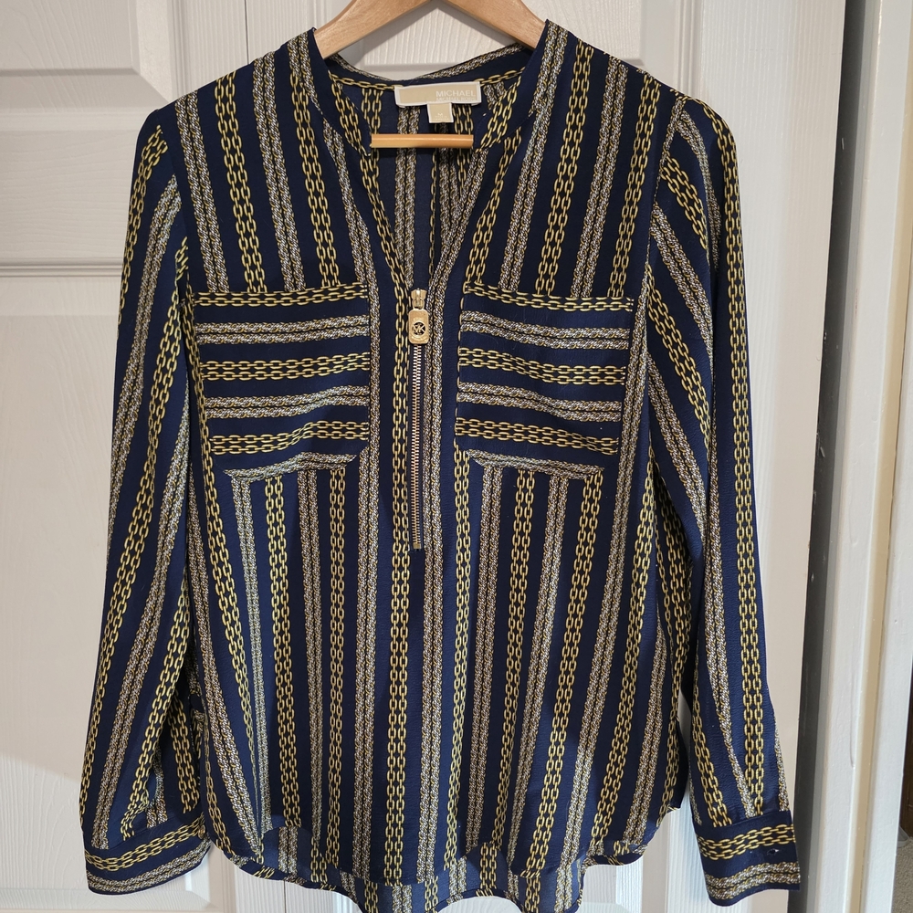 MICHAEL Michael Kors Blue and Gold Chain Pattern Blouse